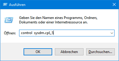 Windows 10: control sysdm.cpl,,5